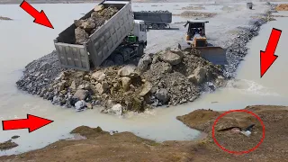 Awesome Team Dump Truck Moving Stone with Bulldozer Pushing Stone Build Road on Water