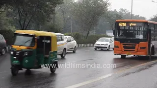 Traffic at Safdarjung in cold, misty, rainy, wintery Delhi, with auto rickshaws and CNG buses