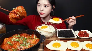 SUB)Spicy steamed kimchi rolled pork-belly with fried egg, white rice Mukbang Home meal ASMR