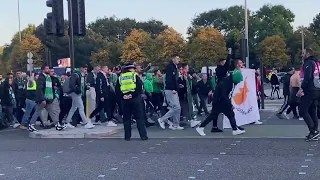 MANCHESTER UNITED VS OMONOIA FANS WALKING TO OLD TRAFFORD