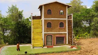 Build Beautiful Three Story Mud Villa & Swimming Pool And Build Palm Tree Water Slide  (full video)