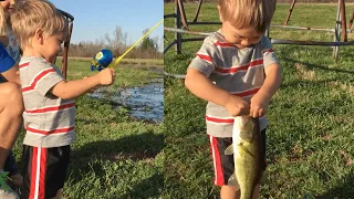 Little Boy Catches Huge Fish with Toy Rod