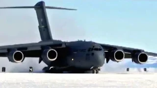 ANTARCTICA ice runway! FULLY LOADED C-17 GLOBEMASTER lands and takes-off from DEEP-SNOW AIRFIELD!