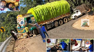 Heavy Loaded Truck Driver Struggles & Fails to Turn at Hairpin Curve in Ghats due Road Barriers