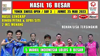 Hasil Lengkap Swiss Open 2023 Hari Ini Day 3 R16 ~ APRI/SITI & RIPHIT Menang ~ 5 Wakil Lolos 8 Besar