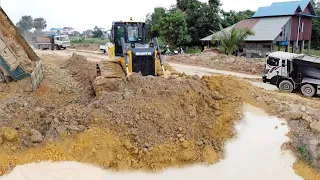 Powerful Bulldozer SHANTUI DH17c3 pushing dirt processing fill up land with Dump truck dumping soil