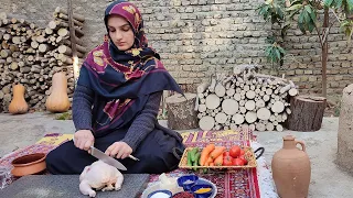 Carrot pilaf with chicken in a country house