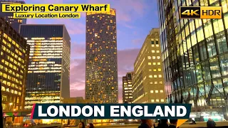 Canary Wharf Beautiful view at Night with Lights, London England, London Walking Tour [4K HDR]