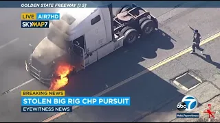 Stolen big rig wheel well catches fire during police chase