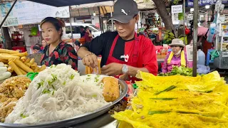 Cambodian street food - Delicious yellow pancake, spring rolls, noodles @Toul Tom Pong Market