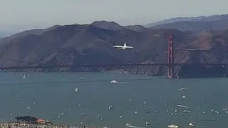 LOW FLY OVER: Large commercial jet makes low flyovers over San Francisco Bay and Golden Gate Bridge