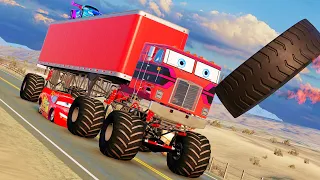 Episode 43 - Monster Cabover & BMW King Dinoco VS Man Truck & McQueen and Tow Mater in BeamNG.Drive
