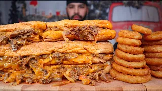 ASMR CHEESY PHILLY CHEESESTEAK SANDWICHES & ONION RINGS MUKBANG