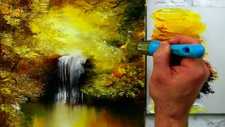 Golden Waterfall | Acrylic Landscape Painting | Oval Brush Technique | Easy for Beginners