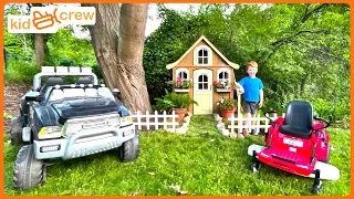 Moving house and landscaping with kids ride on truck and zero turn lawnmower. Educational | Kid Crew