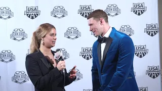 Elizabeth Beisel talks with Ryan Murphy backstage at the Golden Goggle Awards