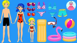 Paper dolls Ladybug & Cat Noir mother & daughter on the beach. Family dress up costumes dresses