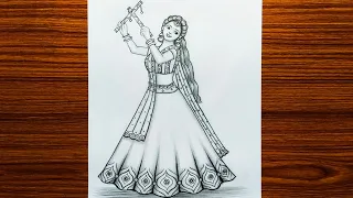 How to draw a Traditional girl with Dandiya dance | Lehenga design | Girl drawing | pencil sketch