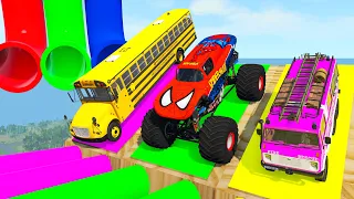 Double Flatbed Long Trailer Truck RESCUE Bus - Cars vs Tractor - Train vs Double Rails with BeamNG