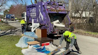 2 Rear Loaders Packing Bulk Waste on 1 Street! Purple LRS Mack Heil Garbage Truck Video