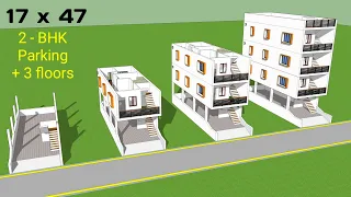 17 x 47 House plan for 2bhk / Parking + 3 floors / Compact and simple plan with 3D visualization