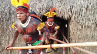 Como que os Índios tocam uma flauta longa de taboca