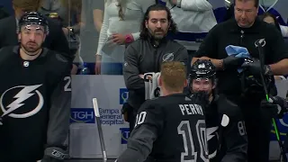 Nikita Kucherov Laughs At Replay Of Corey Perry Stealing Josh Morrissey's Stick