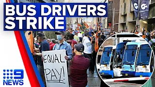 Sydney commuters stranded as over 1000 bus drivers strike | 9 News Australia