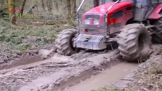 Dangerous Wood Skidder Operator Cross Slippery Muddy Road, Tractor Fails