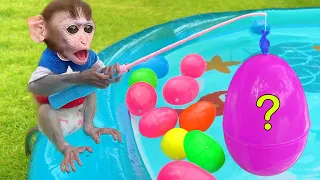 Baby Monkey Chu Chu Fishing Surprise Egg And Eating Fruit With Puppy