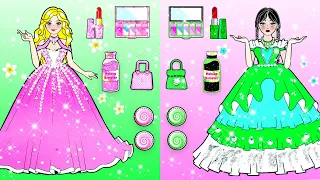 DIY Paper Doll | Pink VS Green Barbie Makeup & Dress Up Fashion Week Contest Challenge |Dolls Beauty