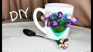 DIY Декор кружки и ложки Букет Шафрана/Crocus polymer clay/Подробный Мастер класс