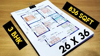 26 x 36 sqft house plan II 26 x 36 ghar ka naksha II 26 x 36 home design II 3 bhk house plan