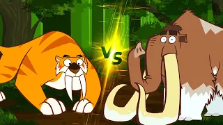 The Ice Age Mammals | Woolly Mammoth VS Smilodon | Dinosaur Cartoon | Cartoon For Kids