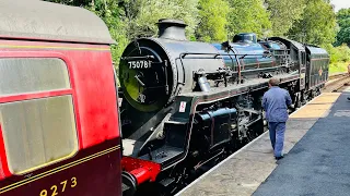 BR Standard 4MT 75078 steam engine climbs the tough gradient out of Keighley on the Worth Valley