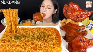 🧡꾸덕촉촉한 크림진짬뽕에 자메이카통다리 치킨🔥 닭껍질튀김 먹방 Spicy Noodles , Grilled chicken REAL SOUND/ MUKBANG/ ASMR