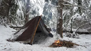 Solo Winter Camping in Heavy Snow - Overnight in Tarp Shelter