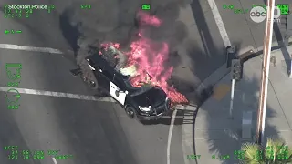 Stockton police pursuit ends with suspected gang arrests, patrol vehicle on fire | RAW