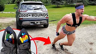 Can I Pull a JEEP with LEGO Filled Shoes? *FEET DESTROYED* | Bodybuilder VS Strongman Challenge