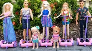 Hoverboards ! Elsa and Anna toddlers - Barbie - race - park - adventure