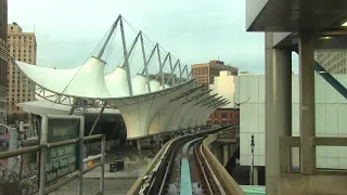 Riding the elevated downtown Detroit people mover train Jan, 2020