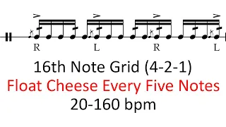 Float cheese every five notes | 20-160 bpm play-along 16th note grid drum practice sheet music