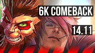 WUKONG vs SETT (TOP) | 6k comeback, 7 solo kills | EUW Master | 14.11