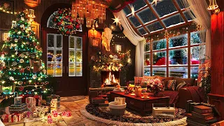 Snowy Night at Cozy Christmas Ambience 🎄 Smooth Christmas Jazz Instrumental with Cracking Fireplace