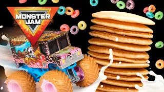 Can Monster Jam Trucks Jump A Pancake Tower? / Trucks vs Food!