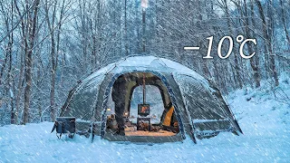 -10℃ Solo Camping in Heavy Snow with My Dog . Relaxing in the Hot Tent . Wood Stove ASMR