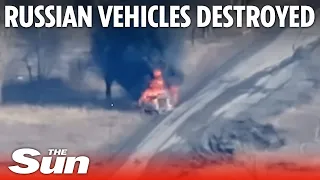 Ukrainian drones destroy Russian vehicles as soldiers flee