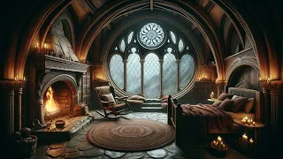 Embracing Night's Tranquility in a Hobbit Bedroom | Fireplace Crackle and Soothing Rain Ambience