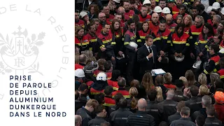 Prise de parole du Président Emmanuel Macron depuis Aluminium Dunkerque dans le Nord.