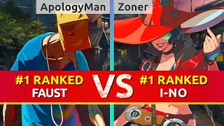 GGST ▰ ApologyMan (#1 Ranked Faust) vs Zoner | Kshuewhatdamoo (#1 Ranked I-No). High Level Gameplay